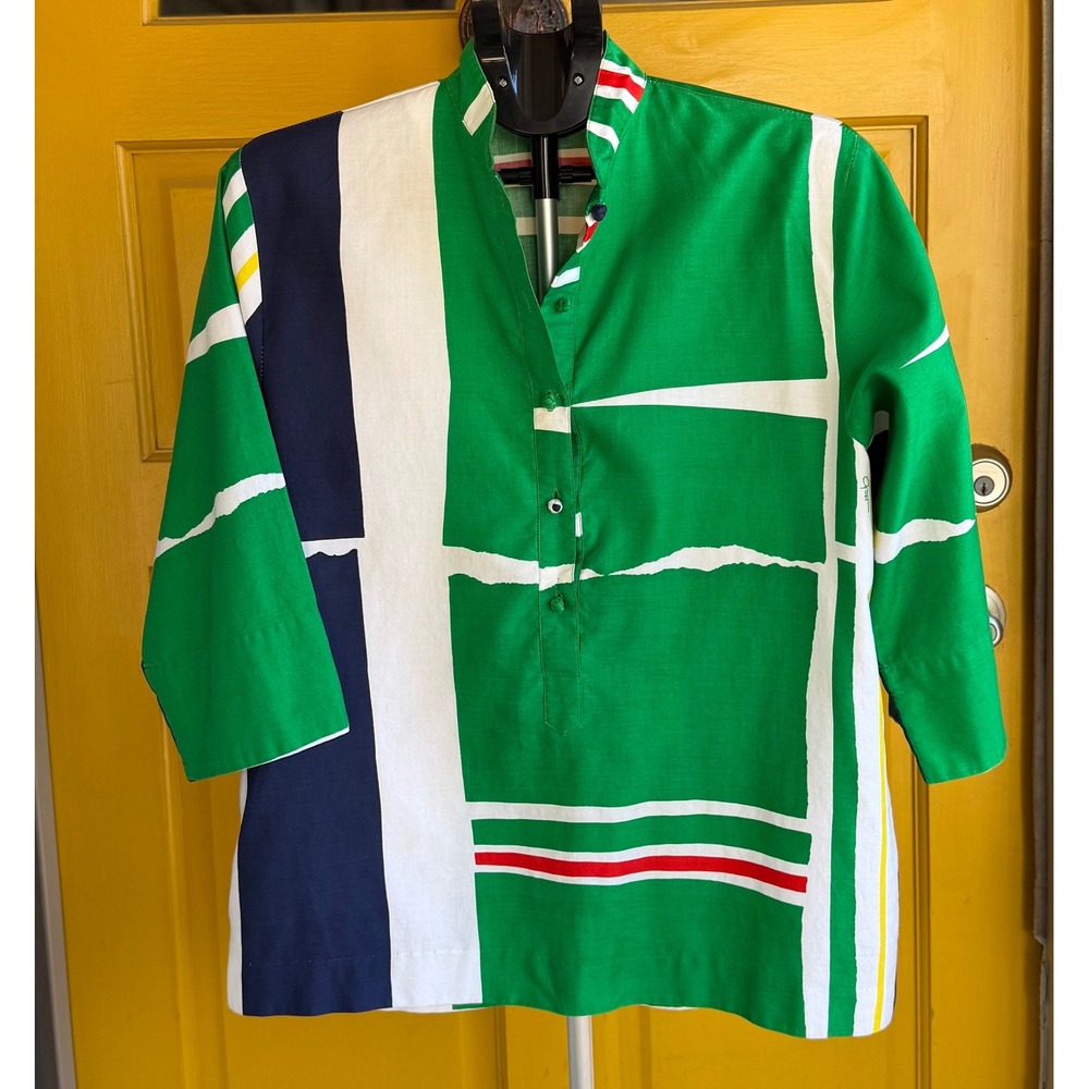 Vintage 1970s Style Katherine Ogust Green Geometric Abstract Art Teacher Tunic M
